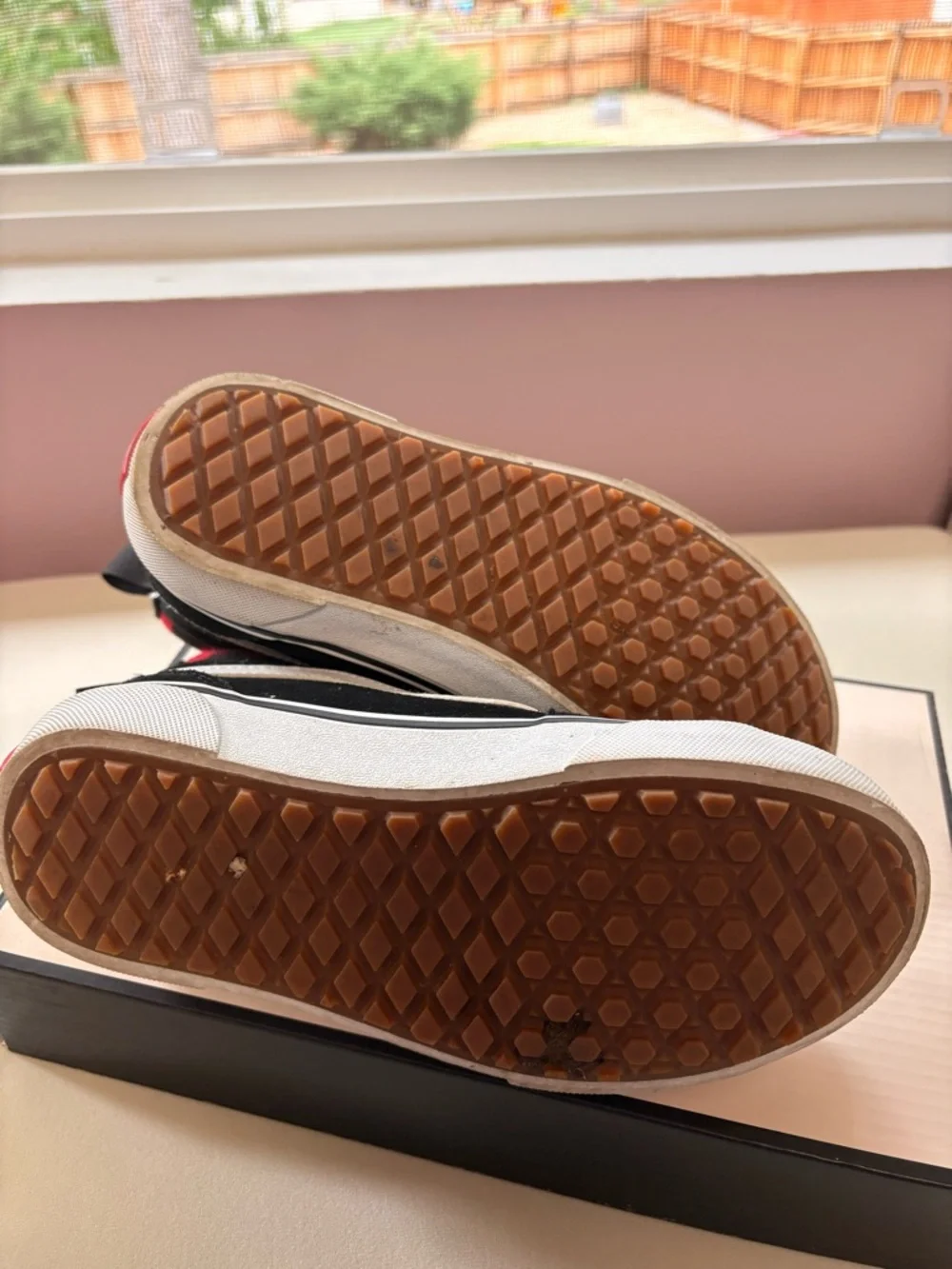 Vans Black and White High-Top Skate Sneakers with Red checker accent